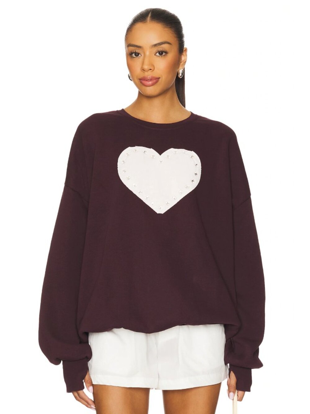 The Laundry Room Rhinestone Heart Jump Jumper Chocolate Red Crewneck Sweatshirt